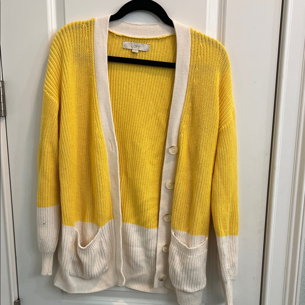LOFT Yellow and Cream Button-Front Knit Cardigan